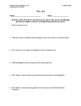Preview of Tea Act Article (Reading Level 2) Comprehension Worksheet