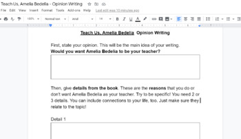 Preview of Teach Us, Amelia Bedelia - Opinion Writing - Google Doc Organizer