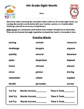 Preview of Teachable Timers: 4th Grade Sight Word Activity