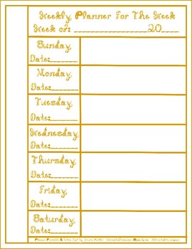 Preview of Teacher 7 Day Gold Fabric Font Weekly Planner Printable