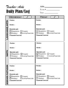 Preview of Teacher Aide Daily Plan and Log - Editable