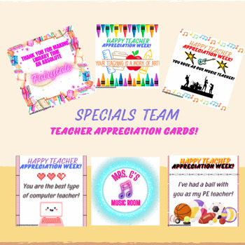 Preview of Teacher Appreciation Cards for Elementary Music, PE, Art, Library, Computers