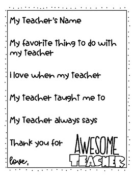 Teacher Appreciation Fill in the Blank Notes by Kate Dunlap | TPT