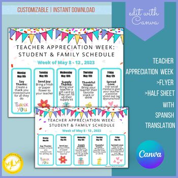 Preview of Teacher Appreciation Flyer and Half Sheet Template, Spanish Translation Included
