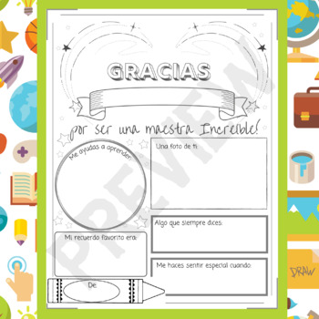 Preview of Teacher Appreciation Spanish Worksheet-Thank you note| Dia del Maestro