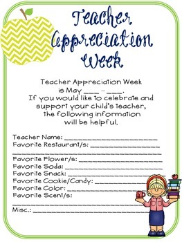 Preview of Teacher Appreciation Week Questionnaire for Parents