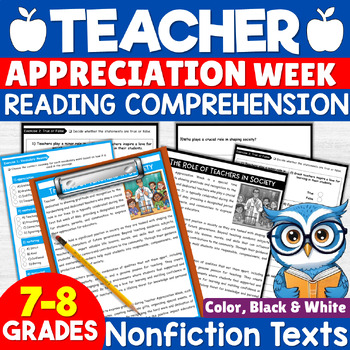 Preview of Teacher Appreciation Week Reading Comprehension Passage 7th 8th Grades