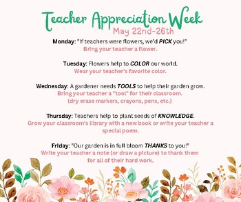 Teacher Appreciation Week Schedule-flowers by Van Hoose on the Loose