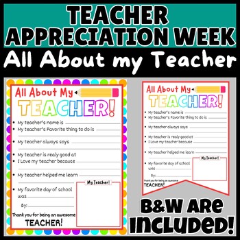 Preview of Teacher Appreciation Week & Teachers Day: All About My Teacher & Thank You Cards
