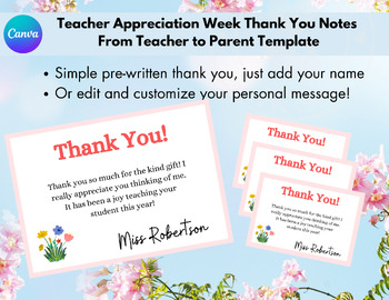 Preview of Teacher Appreciation Week Thank You Card Template, From Teacher to Parents