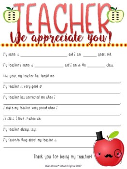 Teacher Appreciation Week, Thank you's, Questionnaire by Orsons Owl ...