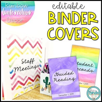 Preview of Teacher Binder Covers Editable | Watercolor Rainbow