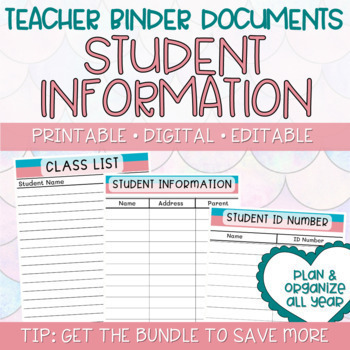Preview of Teacher Binders/Planner - Binder Documents: Student Information Sheets