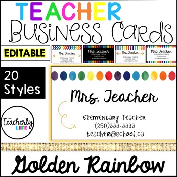 Preview of Teacher Business Cards - Golden Rainbow *EDITABLE*