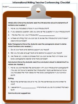 Preview of Teacher Conference Informational Writing Checklist