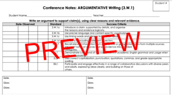 Preview of Teacher Conference Notes: ARGUMENTATIVE Writing (3.W.1)