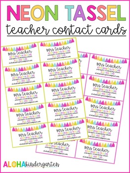 Preview of Neon Tassel Teacher Contact Business Cards - EDITABLE!