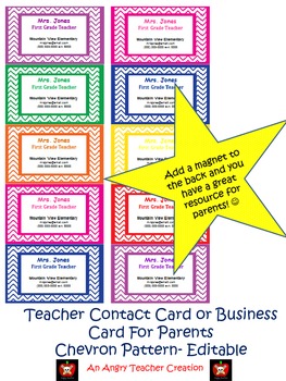 Preview of Teacher Contact Cards or Business Cards For Parents- Chevron Design (Editable)