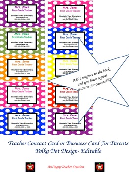 Preview of Teacher Contact Cards or Business Cards For Parents- Polka Dot Design (Editable)