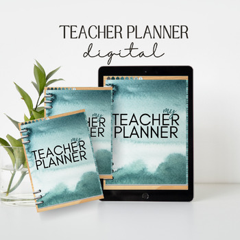 Preview of Teacher Digital Planner 2024 2025 Green Watercolour with Silver Rings