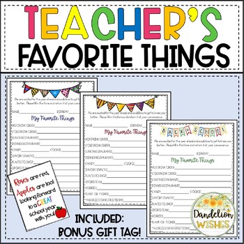 Teacher Favorite Things Questionnaire Form by Dandelion Wishes | TPT