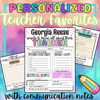 Preview of Teacher Favorite Things Survey with Parent Notes for Communication | Personalize