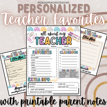 Preview of Teacher Favorite Things Survey with Printable Note Pages - Personalize