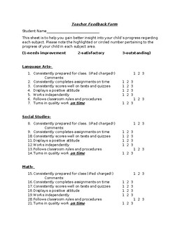 Teacher Feedback Form for Parent Teacher Conferences by Reit in the Middle