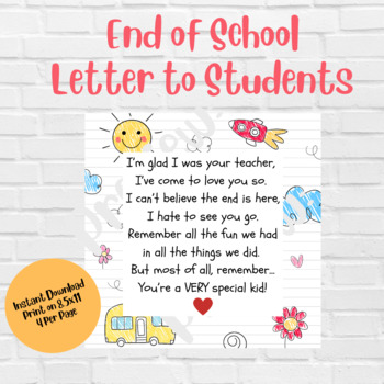 Preview of Teacher Goodbye Letter to Kids, Teacher End of School Letter Printable