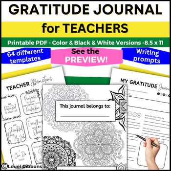 Preview of Teacher Gratitude Journal PDF, Affirmations, 60+ pages, Color & Blk Wht