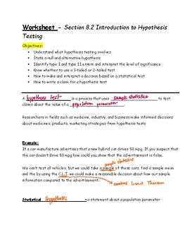 Preview of Teacher Guide - Lesson 8.2 - Introduction to Hypothesis Testing