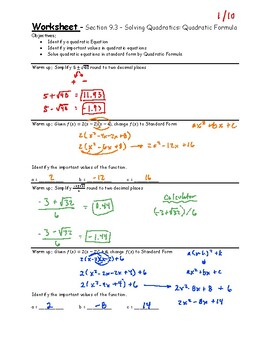 Preview of Teacher Guide - Lesson 9.3 - Solving Quadratics - Quadratic Formula