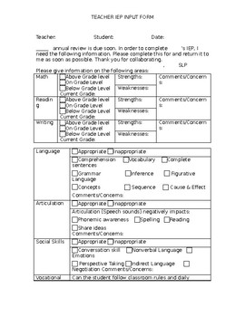 Preview of Teacher IEP Input Form