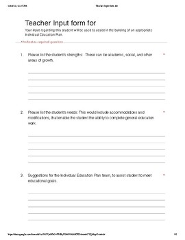 Preview of Teacher IEP input form