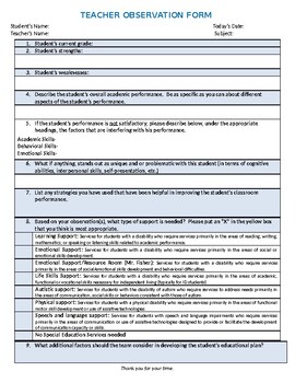 Preview of Teacher Input Form - Teacher Observation Form for Evaluation