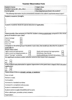 Preview of Teacher Input Form for Middle & High School - Special Education Evaluations