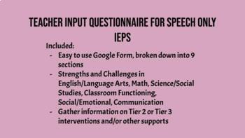 Preview of Teacher Input Questionnaire for Speech Only IEPs