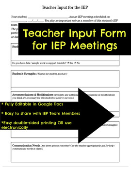 Preview of Teacher Input for IEP Meeting Form *Fully Editable*