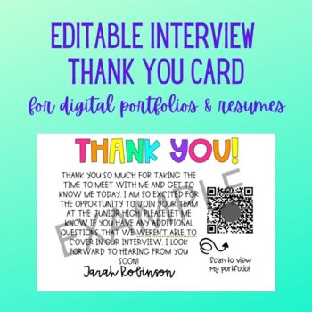 Preview of Teacher Interview Portfolio/Resume Thank You Card - Digital/Editable