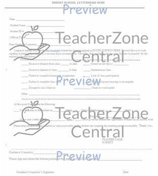 Preview of Teacher Letters to Parents, Guidance Counselor Referral for Student Intervention