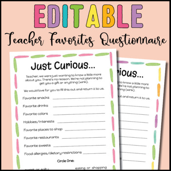 Preview of Teacher Likes Favorite Things Questionnaire for Gift Ideas