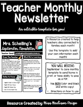 Preview of Teacher Monthly Newsletter Editable Template