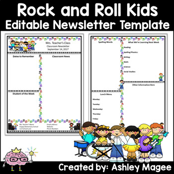 Preview of Classroom Teacher Newsletter Editable Template - Rock and Roll Kids Music Theme