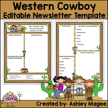 Preview of Classroom Teacher Editable Newsletter Template - Western Cowboy Kids Theme