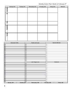 Preview of Teacher Organization- Weekly Action Plan.  FREE!