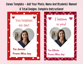 Preview of Teacher Photo Valentines Day Cards From Teacher, Canva Template, Type Names