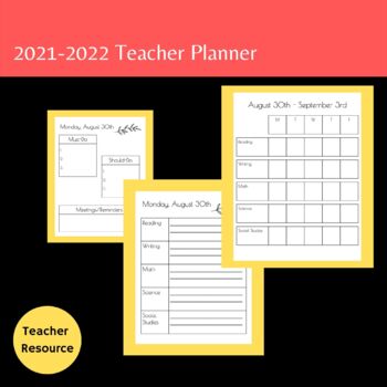 Preview of Teacher Planner 2021-2022, Minimalist, Printable and Fully Editable! 