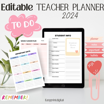 Preview of Teacher Planner 2024 - Editable Printable & Digital Planner | Updated each year