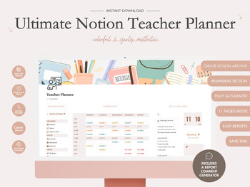 Preview of Teacher Planner Notion, Report Card Generator, Lesson Planner, Reusable Planner
