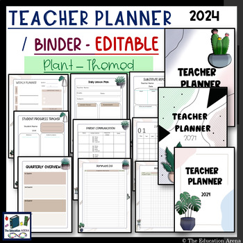 Preview of Teacher Planner Printable and Editable Teacher Binder 2024 Calendar Plant Themed